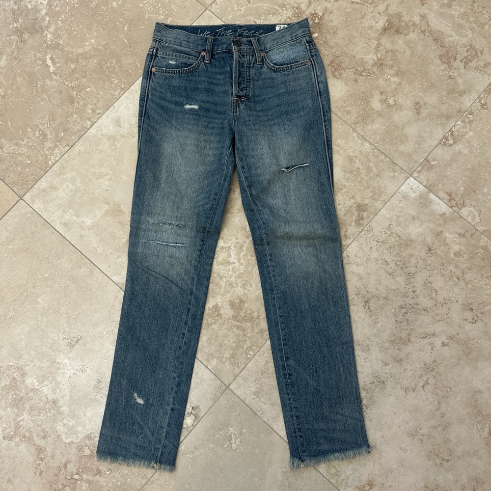 Free People Distressed Blue Straight Leg Jeans